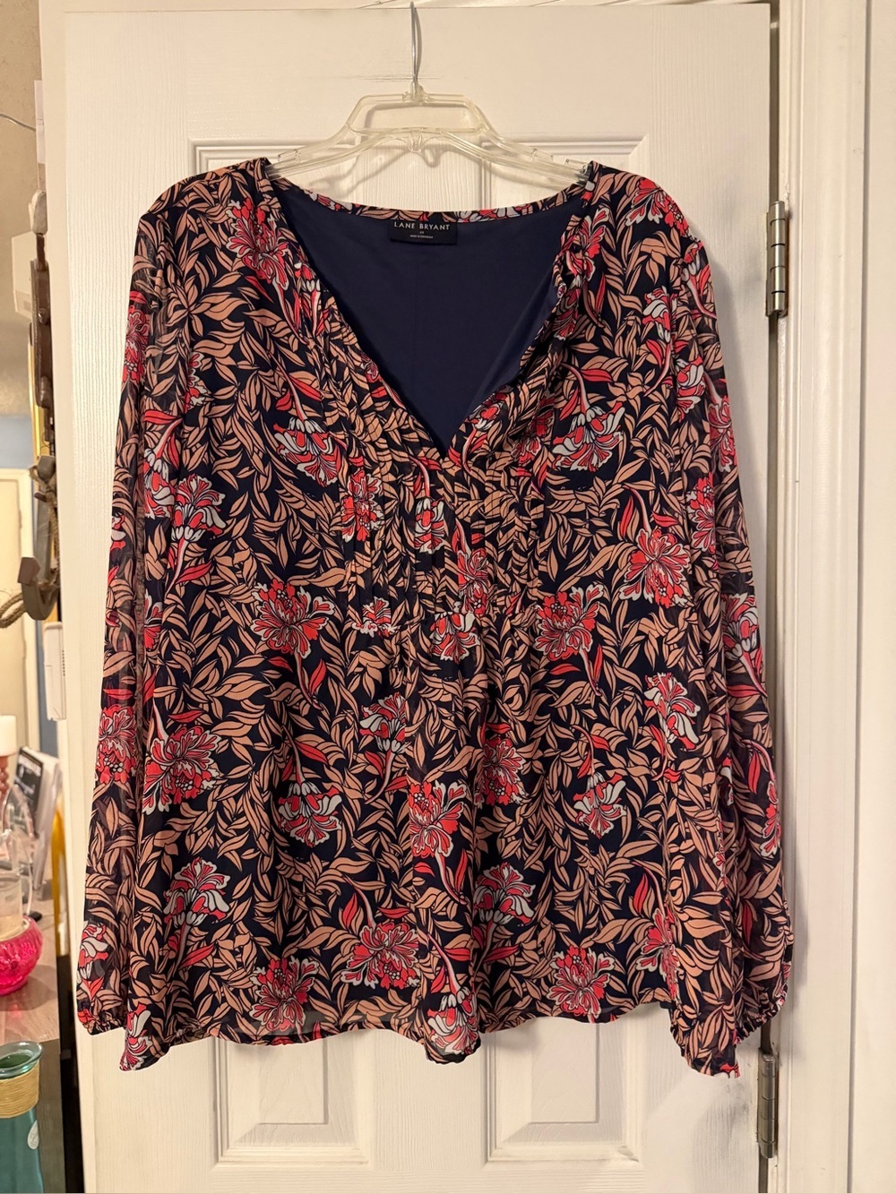Lane Bryant Navy Floral Peasant Blouse with Red and Tan Print